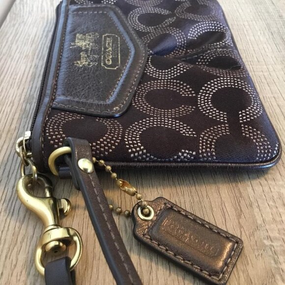 Coach Madison Brown Satin Fabric Wristlet Leather Trim Horse & Carriage Emblem - Picture 6 of 8